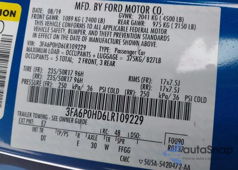 2020 Ford Fusion Se z USA, uszkodzony, nr VIN 3FA6P0HD6LR109229